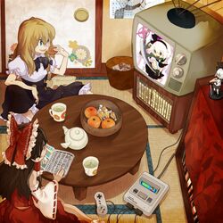  2girls adapted_costume album_cover alternate_costume alternate_eye_color back bad_id bad_pixiv_id blonde_hair blue_eyes book bow bowtie braid brown_hair calendar_(object) character_doll controller cover cup detached_sleeves figure floral_print food fruit game_cartridge game_console game_controller gr-project green_tea hair_ornament hair_ribbon hair_tubes hairbow hakurei_reimu japanese_clothes kirisame_marisa konpaku_youmu long_hair long_sleeves mandarin_orange miko mug multiple_girls nintendo no_headwear on_floor open_book open_mouth orange_(fruit) print_mug puffy_sleeves ribbon shirt short_sleeves side_braid side_handle_teapot single_braid sitting skirt skirt_set smile super_famicom table tea tea_stalk television touhou trash_can wide_sleeves 