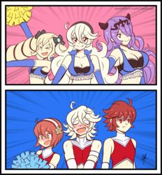  1boy 5girls arm_up armpits blue_cape blush breasts brother_and_sister camilla_(fire_emblem) cape cheerleader corrin_(female)_(fire_emblem) corrin_(fire_emblem) corrin_(male)_(fire_emblem) crop_top elise_(fire_emblem) fire_emblem fire_emblem_fates hair_over_one_eye hairband highres hinoka_(fire_emblem) long_hair midriff multiple_girls open_mouth osu!_tatakae!_ouendan osu!_tatakae!_ouendan_2 pointy_ears pom_pom_(cheerleading) purple_eyes purple_hair raydango red_eyes red_hair sakura_(fire_emblem) short_hair siblings sisters sleeveless smile 