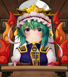  absurdres black_hat closed_mouth commentary epaulettes female frilled_hat frills frown gavel green_eyes green_hair hat highres hira-san indoors judge juliet_sleeves long_sleeves looking_at_viewer mirror puffy_sleeves rod_of_remorse shiki_eiki short_hair solo touhou upper_body wooden_ceiling 