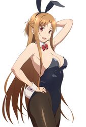  :d alternate_costume animal_ears arm_up asuna_(sao) black_leotard black_pantyhose bow bowtie braid breasts brown_eyes brown_hair bunny_day cowboy_shot detached_collar fake_animal_ears fake_tail female from_side half_up_braid hand_on_own_hip highleg highleg_leotard large_breasts leotard long_hair looking_at_viewer pantyhose playboy_bunny puge rabbit_ears rabbit_tail red_bow red_bowtie short_ponytail smile solo sword_art_online tail very_long_hair white_background white_wrist_cuffs wrist_cuffs 