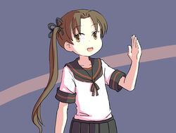  ayanami_(kancolle) ayanami_kai_ni_(kancolle) black_sailor_collar black_skirt brown_eyes brown_hair brown_neckerchief commentary cowboy_shot english_commentary female kantai_collection long_hair neckerchief one-hour_drawing_challenge pleated_skirt purple_background sailor_collar school_uniform serafuku side_ponytail sixten skirt solo two-tone_background waving 