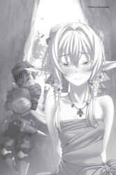  1boy armor arms_behind_back artist_name bare_shoulders blurry blurry_background blush breasts closed_mouth collarbone crossed_arms dress elf female flower goblin_slayer goblin_slayer! greyscale hair_between_eyes hair_flower hair_ornament half-closed_eyes helmet high_elf_archer_(goblin_slayer!) highres indoors jewelry kannatsuki_noboru looking_at_viewer monochrome necklace non-web_source novel_illustration official_art pointy_ears shield short_hair_with_long_locks sidelocks small_breasts smile strapless strapless_dress visor_(armor) 