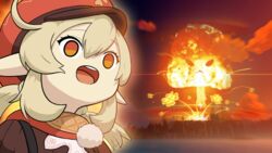  ahoge blonde_hair cabbie_hat commentary_request empty_eyes explosion female genshin_impact greenlegacy hat highres klee_(genshin_impact) korean_commentary open_mouth pointy_ears red_eyes smile solo 