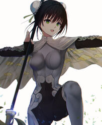  :d black_gloves black_hair bodysuit breasts cape cloud_print fate/grand_order fate_(series) female fingerless_gloves gloves green_eyes mari_(doraerin0) medium_breasts narrow_waist open_mouth polearm print_cape qin_liangyu_(fate) short_hair simple_background smile solo weapon white_background white_bodysuit white_cape 