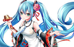  black_skirt black_sleeves blue_hair blue_neckwear blush breasts china_dress chinese_clothes closed_mouth commentary detached_sleeves dress female flower green_eyes hair_between_eyes hair_flower hair_ornament hair_ribbon hatsune_miku hatsune_miku_expo headphones highres holding holding_microphone long_hair long_sleeves lucky_orb_(vocaloid) medium_breasts microphone pink_flower pleated_skirt red_ribbon ribbon rukinya_(nyanko_mogumogu) sidelocks simple_background skirt sleeveless sleeveless_dress smile solo twintails very_long_hair vocaloid white_background white_dress wide_sleeves 