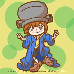  1boy bad_id bad_twitter_id blue_coat blush_stickers brazil brown_footwear brown_hair character_name closed_mouth coat commentary_request copyright_name full_body lolicon looking_at_viewer male_focus maluquinho o_menino_maluquinho oversized_clothes portuguese_commentary pot pot_on_head shirt shoes shorts smile socks solo takeuchi_kou yellow_shirt 