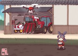  barn black_hair chibi combine_harvester controller drone farmer farming female garage highres japanese_clothes kanon_(kurogane_knights) mizura motor_vehicle outdoors sakuna-hime tensui_no_sakuna-hime tire tractor 