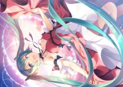  aqua_eyes aqua_hair bad_id bad_pixiv_id dress female hatsune_miku highres long_hair matsuuni md5_mismatch open_mouth red_dress resolution_mismatch skirt_hold sky solo twintails upside-down very_long_hair vocaloid white_dress 