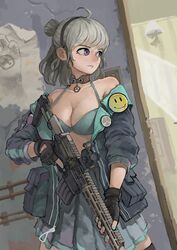  aac_honey_badger absurdres ahoge bra breasts commentary commission english_commentary female fingerless_gloves girls&#039;_frontline gloves grey_hair gun half-life_(series) half-life_2 highres holding holding_gun holding_weapon honey_badger_(girls&#039;_frontline) large_breasts medium_hair nail_polish open_clothes open_shirt purple_eyes rifleman1130 solo trigger_discipline underwear weapon 