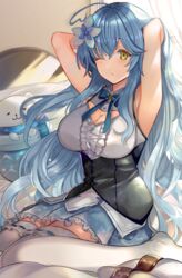  ahoge armpits arms_behind_head arms_up bad_id bad_pixiv_id belt black_corset blue_bow blue_bowtie blue_hair blue_skirt bow bowtie breasts center_frills cleavage cleavage_cutout clothing_cutout corset daifuku_(yukihana_lamy) female flower frilled_shirt frilled_skirt frilled_thighhighs frills hair_between_eyes hair_down hair_flower hair_ornament hands_in_hair heart heart_ahoge highres hololive large_breasts long_hair looking_at_viewer miniskirt no_shoes on_bed one_eye_closed shibaebi_(yasaip_game) shirt sitting skirt sleeveless sleeveless_shirt snowflake_print solo stretching thighhighs tying_hair underbust unworn_belt very_long_hair virtual_youtuber waking_up white_shirt white_thighhighs yellow_eyes yukihana_lamy yukihana_lamy_(1st_costume) 