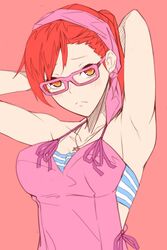  armpits bandana breasts camisole closed_mouth collarbone devil_survivor female glasses highres jewelry looking_at_viewer necklace orange_eyes red_hair short_hair simple_background solo star_(symbol) striped wuming yuzu_tanigawa 