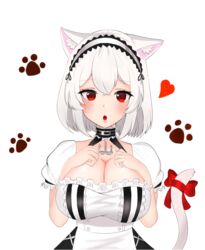  animal_ears azur_lane bad_id bad_pixiv_id blush breast_suppress breasts cake_walker cat_ears cat_tail cleavage dress female hair_between_eyes hairband heart highres korean_commentary lace-trimmed_hairband lace_trim large_breasts looking_at_viewer paw_print paw_print_background puffy_sleeves red_eyes short_hair short_sleeves sirius_(azur_lane) solo tail white_hair 