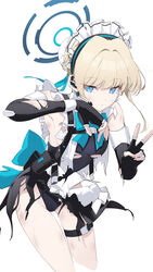  apron armpits back_bow bare_legs black_gloves blonde_hair blue_archive blue_bow blue_bowtie blue_eyes blue_halo bow bowtie chest_harness closed_mouth dice_gt earpiece female fingerless_gloves gloves halo harness highres leotard looking_at_viewer maid_headdress short_hair simple_background solo thigh_strap toki_(blue_archive) torn_apron torn_clothes torn_leotard v white_background 