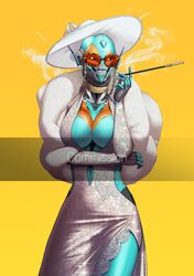  absurd_res clothing destiny_(video_game) destiny_2 distracting_watermark dress exo eyewear female fur_scarf glasses hat headgear headwear hi_res humanoid machine not_furry orange_eyewear orange_glasses robot robot_humanoid smoking solo ulsae watermark 