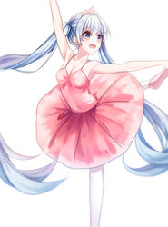  :d absurdres arabesque_(pose) arm_up armpits ballerina ballet ballet_slippers blue_eyes blush breasts cleavage collarbone commentary dancing diadem dress english_commentary female floating_hair grey_hair hatsune_miku highres ille_(xcpa7325) long_hair open_mouth outstretched_arms pantyhose pink_dress pink_footwear simple_background sleeveless sleeveless_dress small_breasts smile solo spaghetti_strap standing standing_on_one_leg tutu twintails very_long_hair vocaloid white_background white_pantyhose 