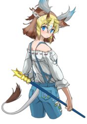  absurdres animal_ears bare_shoulders blonde_hair blouse blue_eyes blue_pants brown_hair commentary cowboy_shot cropped_legs denim extra_ears female from_behind giraffe_ears giraffe_girl giraffe_horns giraffe_tail hair_between_eyes highres horns jeans kemono_friends kemono_friends_3 long_sleeves looking_at_viewer multicolored_hair off_shoulder official_alternate_costume pants shirt short_hair sivatherium_(kemono_friends) solo suspenders tail tanabe_(fueisei) weapon white_shirt 