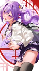  absurdres bag black_thighhighs blush braid double_bun female genshin_impact hair_bun hair_ornament hairclip half-closed_eyes highres keqing_(genshin_impact) long_sleeves nail_polish neckerchief purple_eyes purple_hair purple_neckerchief sailor_collar school_uniform serafuku skirt tarutaru_(ryousuke) thighhighs thighs twintails 