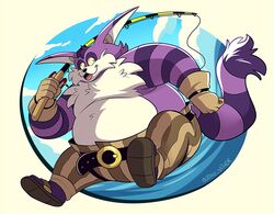  anthro belly belt big_the_cat bottomwear clothed clothing domestic_cat felid feline felis fishing_rod fur gloves handwear john_vithor male mammal overweight pants purple_body purple_fur sega solo sonic_the_hedgehog_(series) striped_body striped_fur stripes topless 