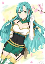  absurdres aqua_hair armor bare_shoulders black_dress breasts cherry_blossoms chloe_(fire_emblem) cleavage commentary_request covered_navel dress female fire_emblem fire_emblem_engage garter_straps gloves green_eyes green_skirt hand_up highres large_breasts long_hair looking_at_viewer otokajife pencil_dress petals short_dress shoulder_armor skirt smile solo thighhighs very_long_hair white_gloves 