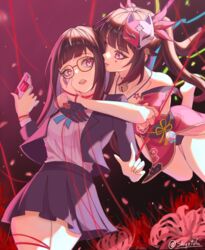  2girls absurdres bare_shoulders black-framed_eyewear black_gloves blazer blue_ribbon brown_hair commentary confetti cowboy_shot detached_sleeves dual_persona facial_mark flower fox_mask glasses gloves gun head_tilt highres holding holding_gun holding_weapon honkai:_star_rail honkai_(series) hug jacket long_hair mask mask_on_head miniskirt multiple_girls neck_ribbon official_alternate_costume open_clothes open_jacket pink_eyes pleated_skirt purple_jacket purple_skirt red_flower revolver ribbon short_sleeves single_glove skirt skirt_set skyztofu sparkle_(honkai:_star_rail) sparkle_(school_uniform)_(honkai:_star_rail) standing weapon 