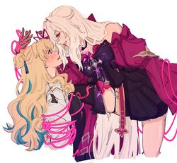  2girls absurdres bare_shoulders black_choker blonde_hair blue_eyes blush bow breasts cellysticks choker closed_mouth dress eye_contact gloves grin hair_ribbon highres honkai_(series) honkai_impact_3rd long_hair long_sleeves looking_at_another multiple_girls purple_eyes restrained ribbon simple_background smile songque_(honkai_impact) thelema_(honkai_impact) thighhighs white_background white_hair yuri 