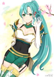  absurdres alternate_hairstyle aqua_hair armor bare_shoulders black_dress breasts cherry_blossoms chloe_(fire_emblem) cleavage commentary_request covered_navel dress female fire_emblem fire_emblem_engage garter_straps gloves green_eyes green_skirt hand_up highres large_breasts long_hair looking_at_viewer otokajife pencil_dress petals ponytail short_dress shoulder_armor skirt smile solo thighhighs very_long_hair white_gloves 