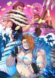  2boys bara bare_pectorals belly borrowed_character charlotte_katakuri clenched_hands cowboy_shot fighting_stance fish_boy grin hair_over_one_eye highres holding_trident large_pectorals looking_at_viewer male_focus maren_(mewtides) multiple_boys muscular muscular_male navel navel_hair nipples one_piece original pectorals pink_hair plump satsu_(satsscarlet) scarf scarf_over_mouth second-party_source sharp_teeth short_hair smile spikes standing stomach teeth thick_arm_hair 