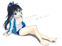  arm_support bare_legs barefoot black_hair blue_eyes commentary_request female full_body ganaha_hibiki hair_ribbon hamster hamuzou himaya idolmaster idolmaster_(classic) jacket legs long_hair looking_up photoshop_(medium) ponytail ribbon shadow simple_background smile solo white_background 