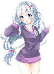  absurdres blue_eyes blue_hair blush bow commentary_request cucchiore eromanga_sensei female hairbow highres izumi_sagiri long_hair long_sleeves looking_to_the_side pink_bow simple_background solo white_background 