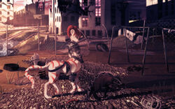  16:10 andromorph andromorph/female armor better_version_at_source brown_hair canid canine canis coyote day detailed_background duo fallout felid female feral fruitbloodmilkshake fur hair hybrid intersex intersex/female mammal microsoft night_stalker_(fallout) outside pit_viper playground post-apocalyptic rattlesnake reptile scalie snake standing taur viper widescreen 