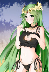  1girls bell bell_choker black_bra black_lingerie black_panties blush bra breasts cat_bell cat_keyhole_bra cat_keyhole_lingerie cat_lingerie choker cleavage_cutout female goddess green_eyes green_hair hand_on_breast josue kid_icarus kid_icarus_uprising lingerie long_hair looking_at_viewer matching_hair/eyes medium_breasts midriff navel nintendo palutena panties side-tie_panties smiling solo tiara underwear 