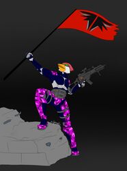  2016 action_pose anthro armor assault_rifle avian avian_(starbound) beak clothed clothing digital_media_(artwork) eyewear feathers flag g36c goggles gun hi_res kittysune2000 maladash male open_mouth pose ranged_weapon red_body red_feathers rifle rubble simple_background solo starbound weapon 