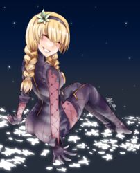  absurdres blonde_hair blush braid closed_eyes commentary_request female flower gloves grin hair_flower hair_ornament highres long_hair lunar_tear maelliures nier:automata nier_(series) operator_6o smile solo thighhighs twin_braids 