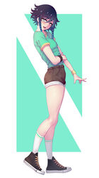  1boy absurdres androgynous blue_hair blush braid casual from_side full_body genshin_impact green_eyes green_shirt highres legs long_hair male_focus open_mouth otoko_no_ko shirt shoes short_shorts short_sleeves shorts smile socks thighs twin_braids venti_(genshin_impact) whitewaffle wristband 