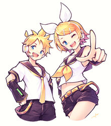  1boy :d ;d absurdres belt black_shorts blonde_hair blue_eyes bow brother_and_sister commentary cropped_legs female gogatsu_no_renkyuu hair_ornament hairbow hairclip hand_on_own_hip headphones headset highres kagamine_len kagamine_rin looking_at_viewer midriff_peek navel neckerchief necktie one_eye_closed open_mouth pointing pointing_at_viewer sailor_collar shirt short_hair short_shorts short_sleeves shorts siblings simple_background sleeveless sleeveless_shirt smile twins vocaloid white_background white_bow white_shirt yellow_neckerchief yellow_necktie 