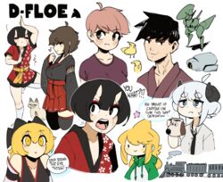  1boy 6+girls apricot_(d-floe) artist_name ash_sarai black_eyes black_hair black_kimono black_legwear black_necktie blonde_hair breasts brown_eyes brown_hair character_request cleavage coffee_mug collared_shirt cup d-floe demas_(shamedic13) english_text gromit gromit_mug highres holding holding_cup horns japanese_clothes kai_(d-floe) kimono kneehighs large_breasts long_hair looking_at_viewer mug multiple_girls necktie original shirt short_hair socks speech_bubble sumi_(d-floe) thick_eyebrows thighhighs train wallace_and_gromit white_hair white_legwear white_shirt 