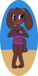  1:2 2022 4_fingers alpha_channel anthro bare_shoulders beach bikini biped bird_dog blue_eyes bow_(feature) bow_accessory breasts brown_body brown_fur brown_nose canid canine canis cheek_tuft circle_background clasped_hands cleavage clothed clothing cocker_spaniel digital_drawing_(artwork) digital_media_(artwork) dog_ears dog_tail domestic_dog ear_bow evelyn_(pazymomo) eyelashes facial_tuft female fingers flat_colors footprint full-length_portrait fully_clothed fur hands_together hands_together_elbows_apart hi_res hunting_dog leg_tuft looking_aside mammal midriff navel outside paw_bikini paw_swimwear pawprint paws pazymomo portrait purple_bikini purple_bikini_bottom purple_bikini_top purple_bow purple_clothing purple_swimwear sand seaside smile solo spaniel standing swimwear tail tankini tuft twin_bows twin_ear_bows 