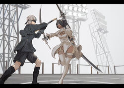  1boy 2p_(nier:automata) 9s_(nier:automata) alternate_color alternate_skin_color arena bad_id bad_twitter_id battle black_blindfold black_gloves black_hair black_legwear black_leotard blindfold boots breasts cleavage_cutout clothing_cutout commission covered_eyes dark-skinned_female dark_skin dress duu_(derhnky9f4) english_commentary feather-trimmed_sleeves female fighting_stance final_fantasy final_fantasy_xiv full_body gloves headband holding holding_sword holding_weapon juliet_sleeves leotard lips long_sleeves lower_teeth_only medium_breasts mole mole_under_mouth nier:automata nier_(series) nose open_mouth player_2 puffy_sleeves short_hair shorts side_slit socks soulcalibur soulcalibur_vi sword tassel teeth thigh_boots thighhighs thighhighs_under_boots virtuous_contract virtuous_treaty weapon white_blindfold white_dress white_footwear white_gloves white_headband white_legwear 