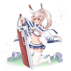  :d absurdres armpits ayanami_(azur_lane) ayanami_(retrofit)_(azur_lane) azur_lane bandaid bandaid_on_arm belt blonde_hair blue_skirt choker commentary_request detached_sleeves female grass hair_between_eyes hair_ornament hairclip headgear highres holding holding_sword holding_weapon kneeling long_hair long_sleeves midriff mikuchi3939 navel no_shoes open_mouth orange_eyes petals planted planted_sword pleated_skirt ponytail rock school_uniform serafuku sidelocks simple_background skirt smile solo sword thighhighs weapon white_thighhighs wide_sleeves zettai_ryouiki 