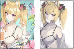  :p ahoge animal_ear_fluff animal_ears arknights bad_id bad_pixiv_id bare_shoulders bikini blonde_hair breasts cherry_hair_ornament cleavage closed_mouth collarbone commentary_request cup drink drinking_glass earrings female food-themed_hair_ornament hair_bobbles hair_ornament hand_up highres jewelry long_sleeves looking_at_viewer medium_breasts multiple_views nagute red_eyes smile sora_(arknights) sora_(summer_flowers)_(arknights) swimsuit tongue tongue_out twintails water wet white_bikini 