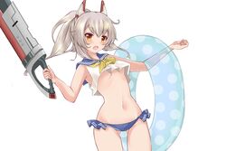  :o absurdres adapted_costume alternate_costume ayanami_(azur_lane) azur_lane bikini bikini_bottom_only breasts cleavage commentary_request female grey_hair hair_between_eyes headgear highres holding holding_sword holding_weapon innertube long_hair looking_at_viewer midriff mikuchi3939 navel orange_eyes ponytail school_uniform serafuku sidelocks simple_background solo swim_ring swimsuit sword underboob weapon white_background 