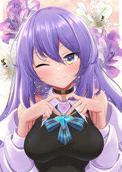  ;) absurdres alstroemeria_(flower) bare_shoulders black_choker black_shirt blonde_hair blue_bow blue_nails blush bow breasts choker collared_shirt female flower gradient_hair hair_between_eyes heart heart_hands highres hololive hololive_indonesia jacket kaigan large_breasts lily_(flower) long_hair looking_at_viewer moona_hoshinova moona_hoshinova_(1st_costume) multicolored_hair nose_blush oerba_yun_fang off_shoulder one_eye_closed open_clothes open_jacket purple_eyes purple_hair shirt sleeveless sleeveless_shirt smile solo star_(symbol) starry_hair upper_body virtual_youtuber white_jacket 