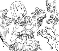  3boys bad_id bb_(baalbuddy) belt blunt_bangs bob_cut bow bowtie breasts contrapposto english_text female greyscale gun holding holding_gun holding_sword holding_weapon inactive_account katana long_sleeves medium_breasts monochrome multiple_boys nichijou parody parted_lips pleated_skirt pouch sekiguchi_yuria simple_background skirt sword thigh_strap thighhighs weapon white_background zombie |_| 