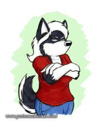  alan_foreman anthro black_body black_fur black_nose breasts canid canine canis clothed clothing crossed_arms domestic_dog female fur hair mammal mikittok_qimmiq nordic_sled_dog short_tail solo spitz tail the_whiteboard white_hair 