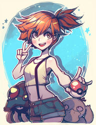  absurdres cowboy_shot denim denim_shorts faux_traditional_media female gen_1_pokemon gym_leader highres holding holding_poke_ball kasumi_(pokemon) orange_hair parororo poke_ball poke_ball_(generic) pokemon pokemon_(anime) pokemon_(classic_anime) pokemon_(creature) psyduck shorts side_ponytail suspenders tentacruel 