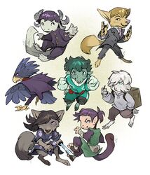  2_horns accipitrid accipitriform alternate_species ambiguous_gender amphibian anthro avian avian_feet axolotl bangs barefoot beak bird blonde_hair bottomwear bovid brown_body brown_fur canid canine canis cape caprine clothed clothing cloven_hooves coyote dororo_(dororo) dororo_(tezuka) feathered_wings feathers feet fully_clothed fumikage_tokoyami fur furrification ginko_(mushishi) gloves goosechimera green_body green_fur green_hair group hair handwear haplorhine heel_claw hindpaw holding_melee_weapon holding_object holding_sword holding_weapon hooves horn hyakkimaru_(dororo) izuku_midoriya jacket mammal marine melee_weapon mob_psycho_100 mole_salamander monkey mushishi my_hero_academia necktie one_(manga) pants paws ponytail primate realistic_wings reigen_arataka rocky_mountain_goat salamander sheep shigeo_kageyama suit sword tail topwear weapon white_body white_fur white_hair wings wolf yellow_body yellow_fur 