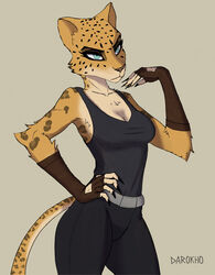  anthro belt black_clothing blue_eyes breasts claws clothing darokho felid female fur gaijin_entertainment glare gloves handwear hi_res leopard leopard_spots mammal pantherine rukait_(darokho) simple_background solo spots war_thunder yellow_body yellow_fur 