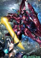  aegis_gundam arm_blade energy_blade glowing glowing_eyes green_eyes gundam gundam_arsenal_base gundam_seed head_tilt highres mecha mobile_suit no_humans official_art paintedmike robot science_fiction solo_focus strike_gundam v-fin weapon 