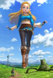  1boy black_pants blonde_hair blue_eyes braid champion&#039;s_tunic_(zelda) cloud day female fingerless_gloves full_body giant giantess gloves grass guardian_(zelda) highres link long_hair looking_down looking_up marimo_(marimo2468) mountain open_mouth outdoors pants pointy_hair princess_zelda scenery sky standing the_legend_of_zelda the_legend_of_zelda:_breath_of_the_wild tower trail 