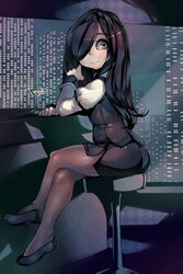  absurdres aria_wintermint bar_(place) black_footwear black_hair black_pantyhose black_skirt building city cloud cloudy_sky cocktail_glass commission crossed_legs cup drinking_glass english_commentary female formal green_eyes hair_over_one_eye highres indoors juliet_sleeves lips long_hair long_sleeves looking_at_viewer looking_back md5_mismatch night nose olive pantyhose parororo pencil_skirt photoshop_(medium) puffy_sleeves resolution_mismatch revision shoes sitting skirt skirt_suit sky skyscraper solo source_larger suit the_crawling_city 